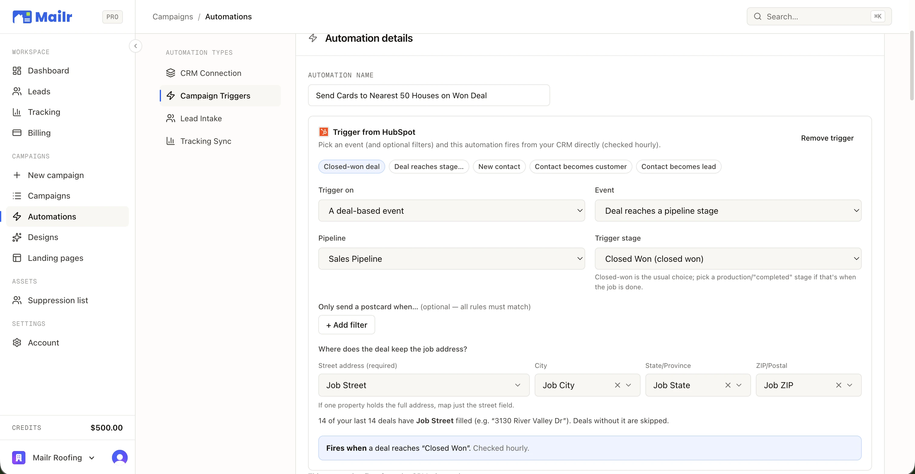 A live automation: Send Cards to Nearest 50 Houses on Won Deal, triggered from HubSpot