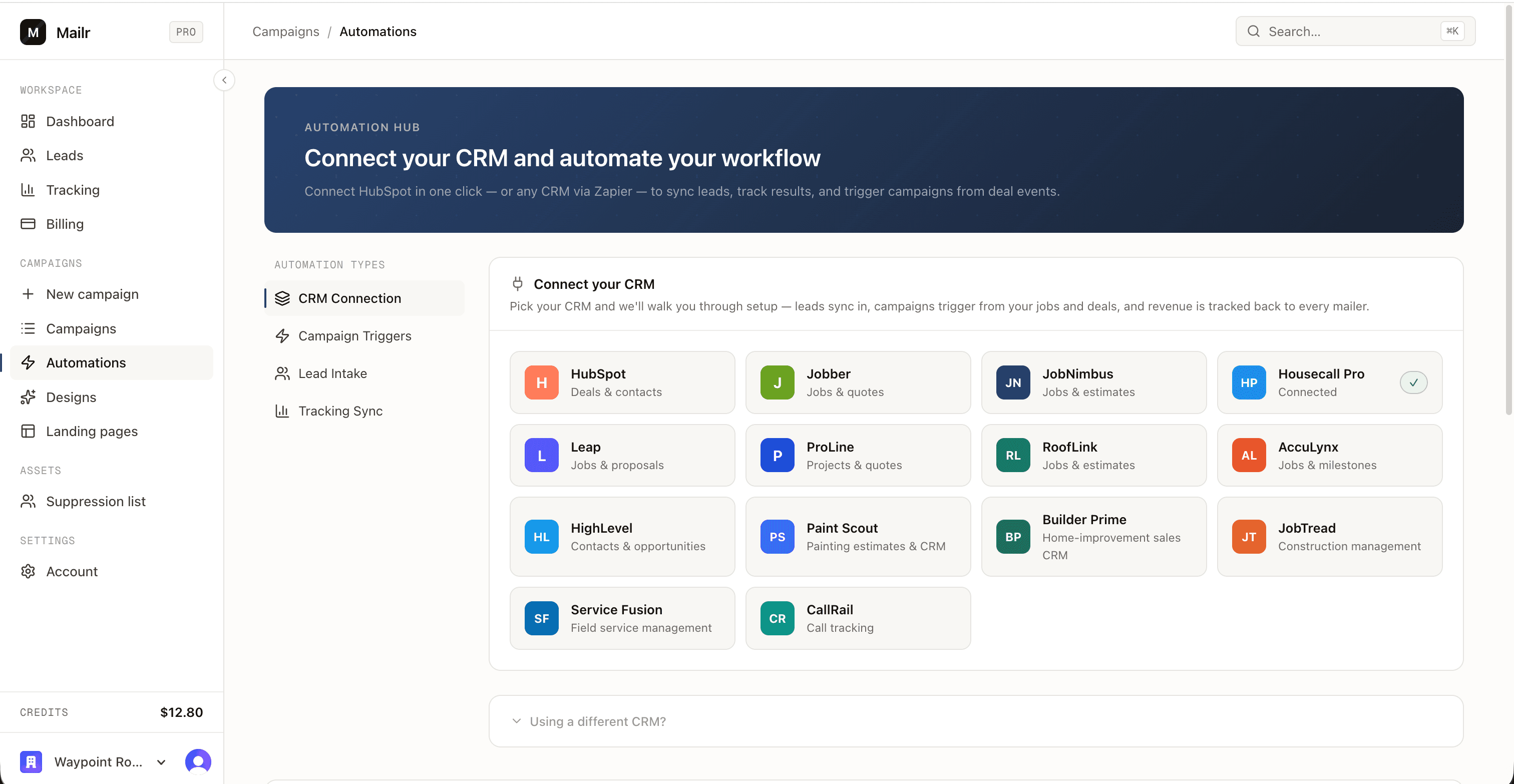 The automation hub: connect HubSpot, JobNimbus, Housecall Pro, and more