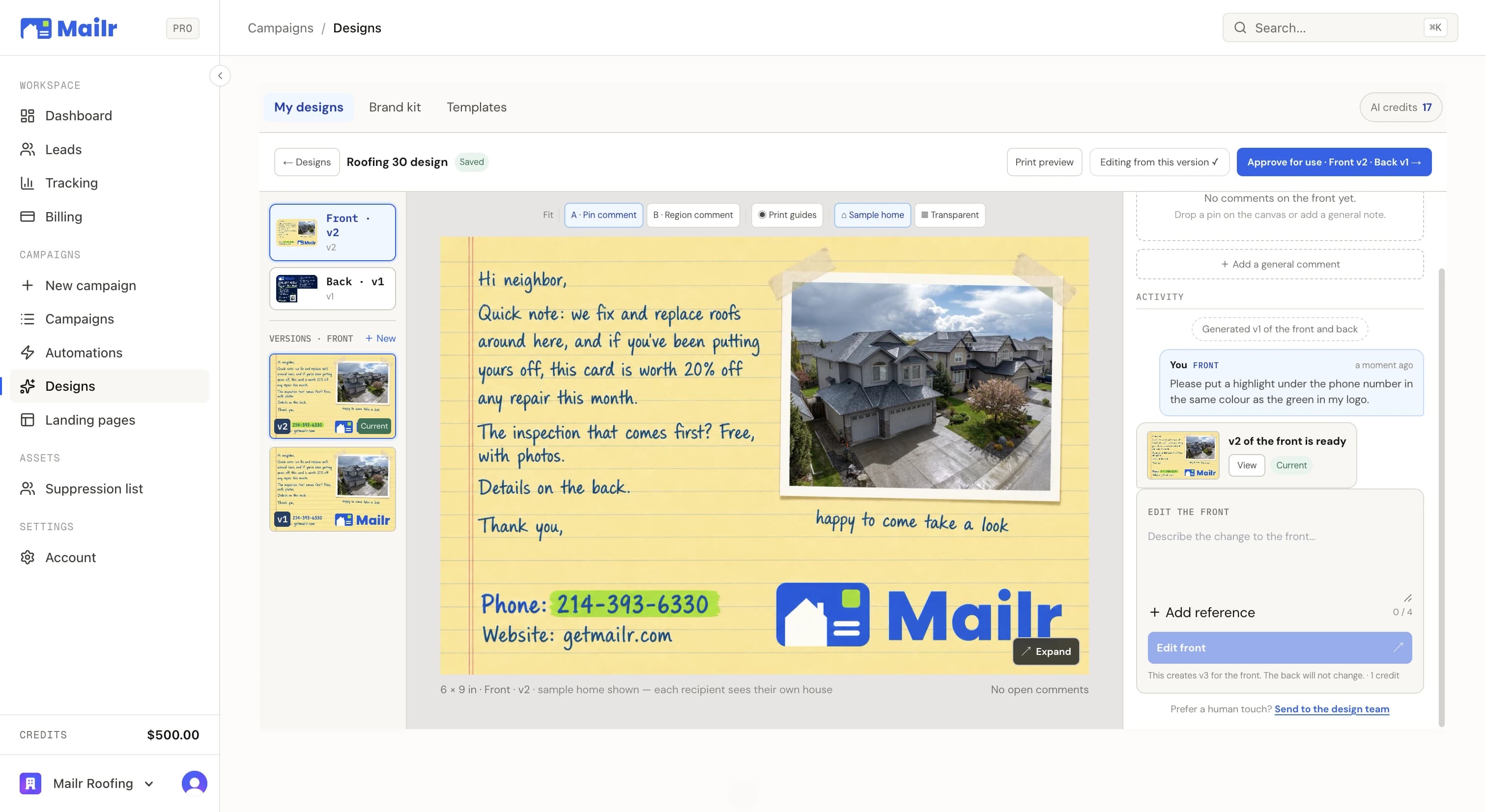 The design editor mid-edit: a handwritten-style roofing card on the canvas, version history on the left, and a chat edit being applied