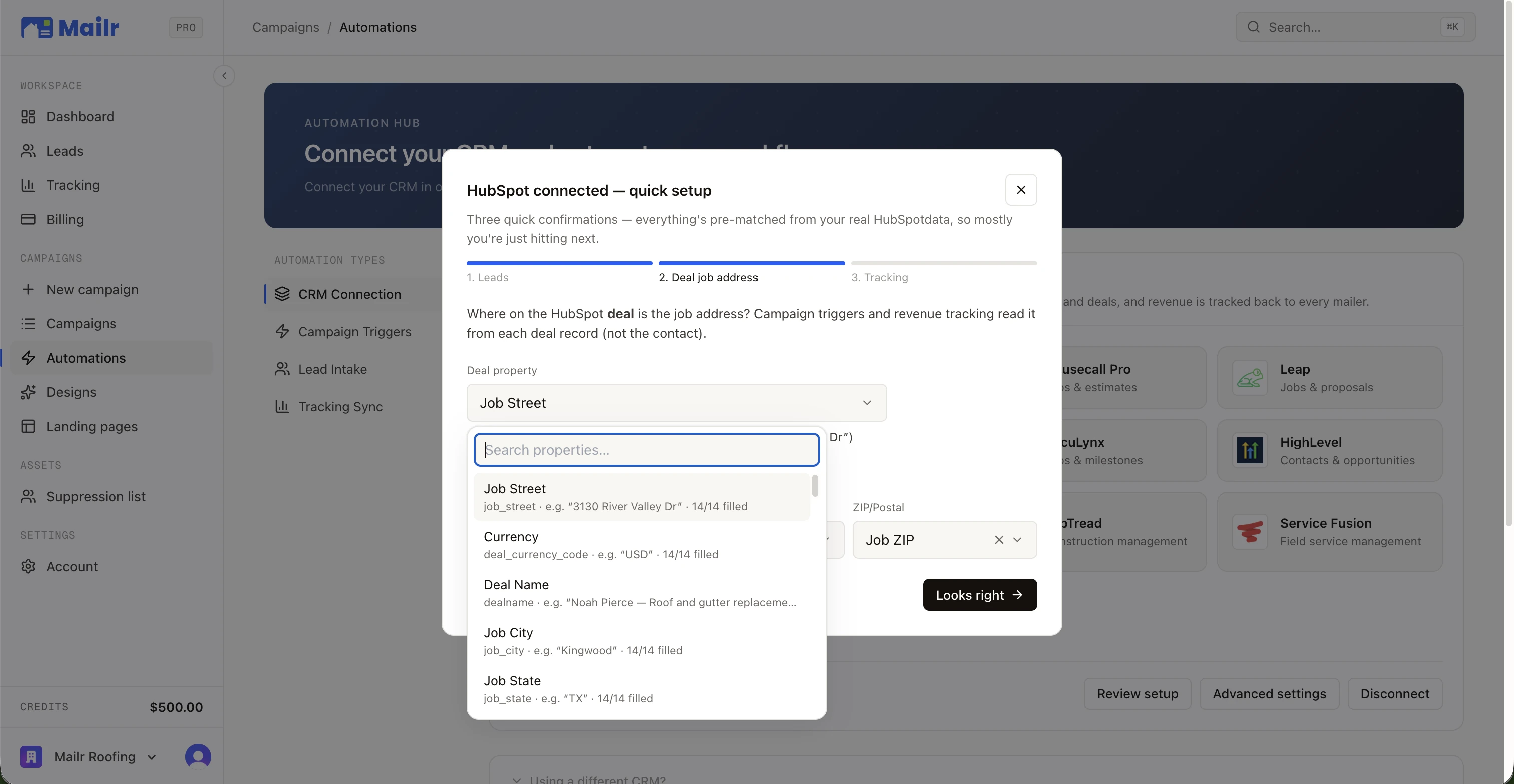 The HubSpot quick-setup wizard: everything pre-matched from your real HubSpot data, with the deal's job-address property being confirmed against live field samples