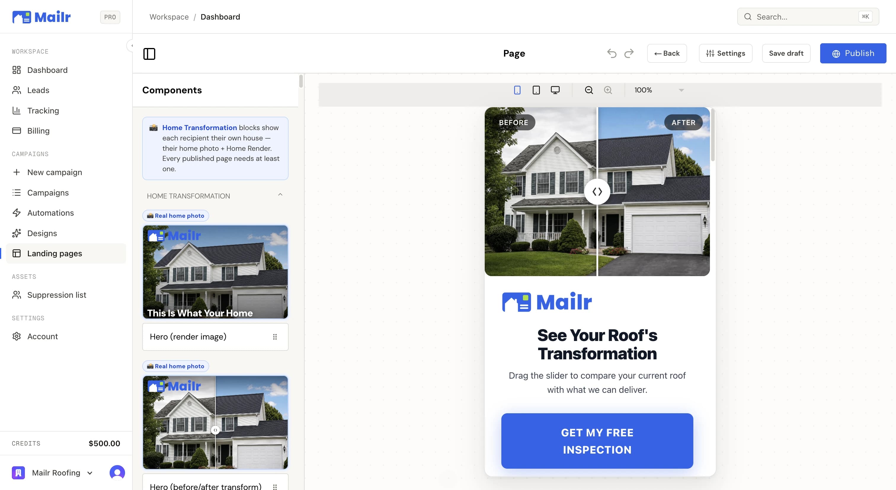 The landing-page studio: a phone preview with the recipient's own roof in a before/after slider above a free-inspection button