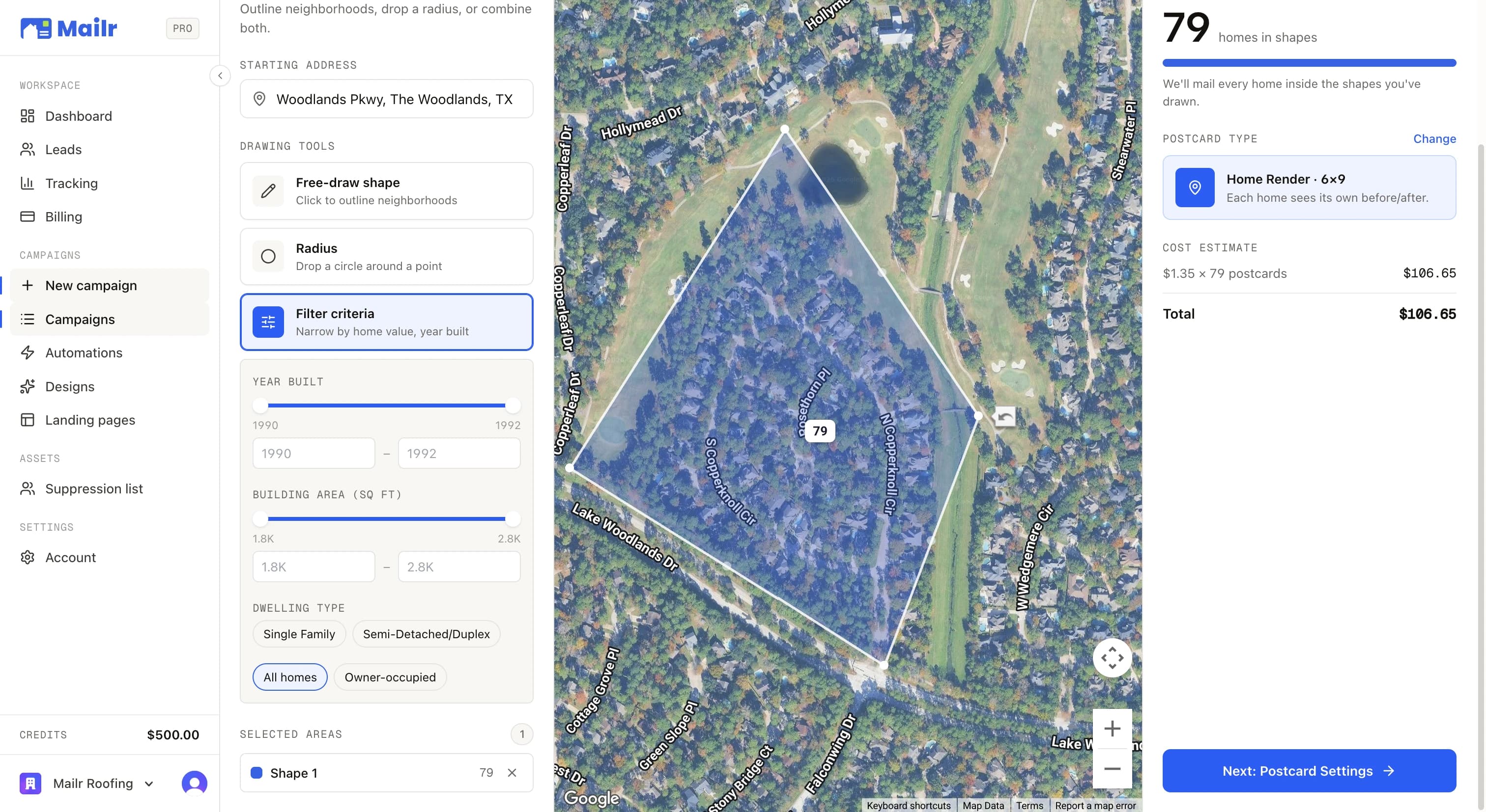 Filter criteria narrowing homes by year built, building area, and dwelling type, beside a shape drawn on the satellite map