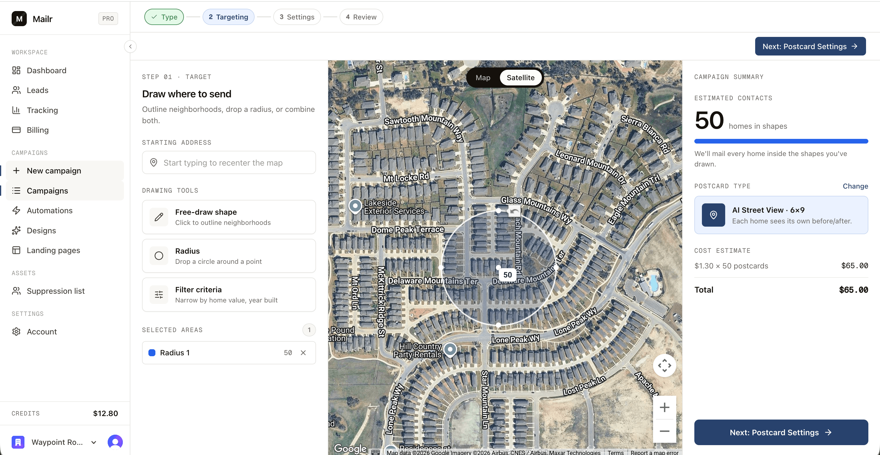 Campaign targeting: a radius drawn around the job site on a satellite map