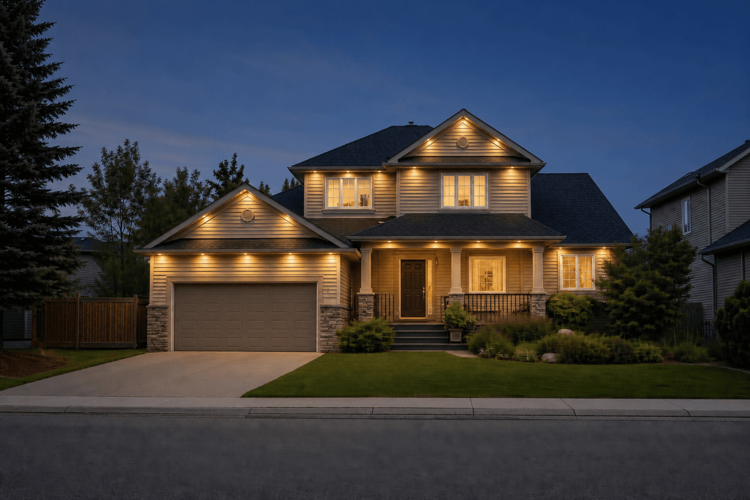A two-story home at dusk with permanent exterior lighting outlining the roofline