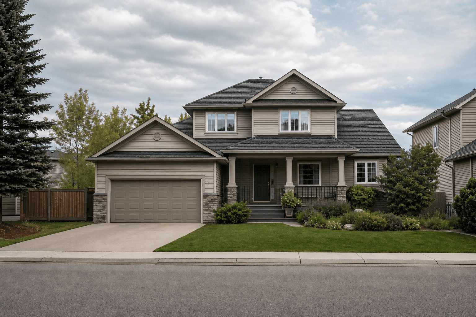 The same two-story home in daylight with a new dark shingle roof