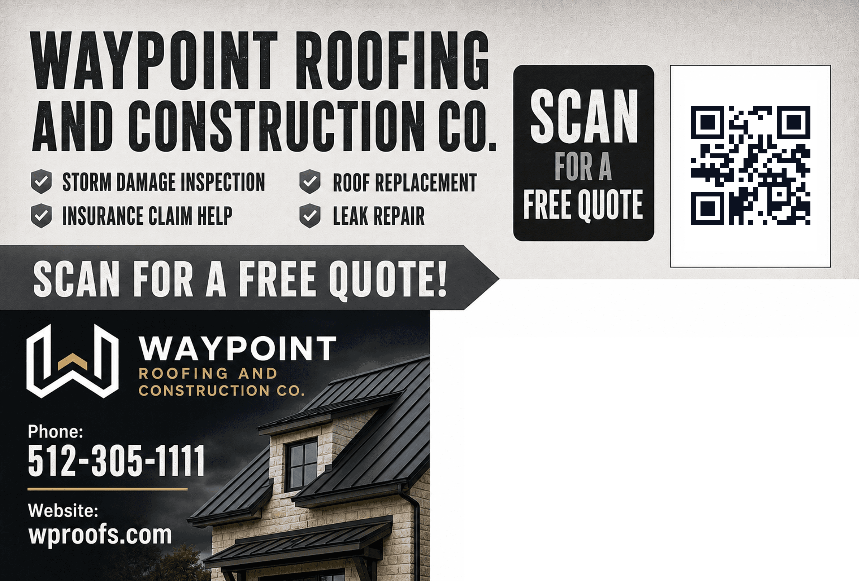 Postcard back: Waypoint Roofing's services list, a QR code for a free quote, and the address panel left open