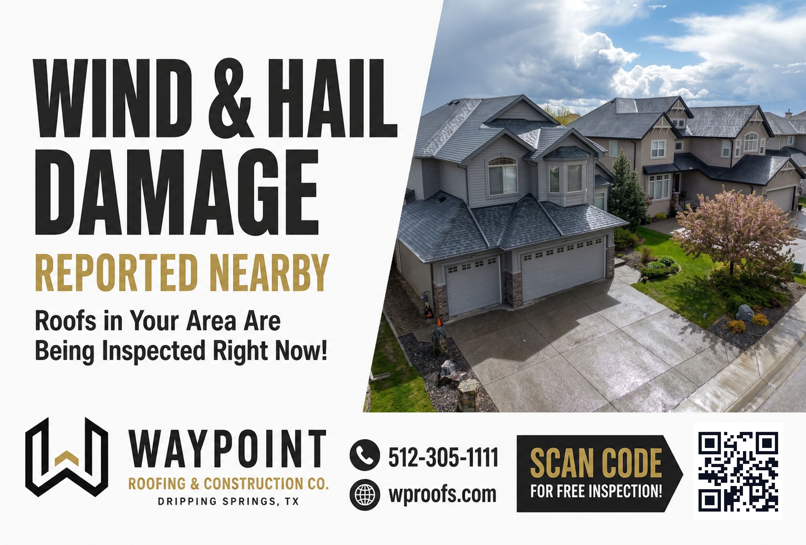 A real Mailr card: Waypoint Roofing's wind & hail mailer