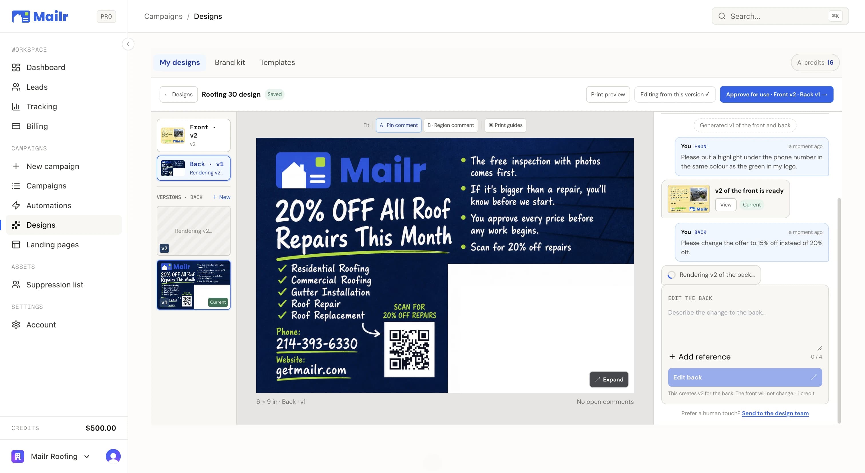 The back being edited by chat: the offer changing from 20% to 15% off while v2 renders
