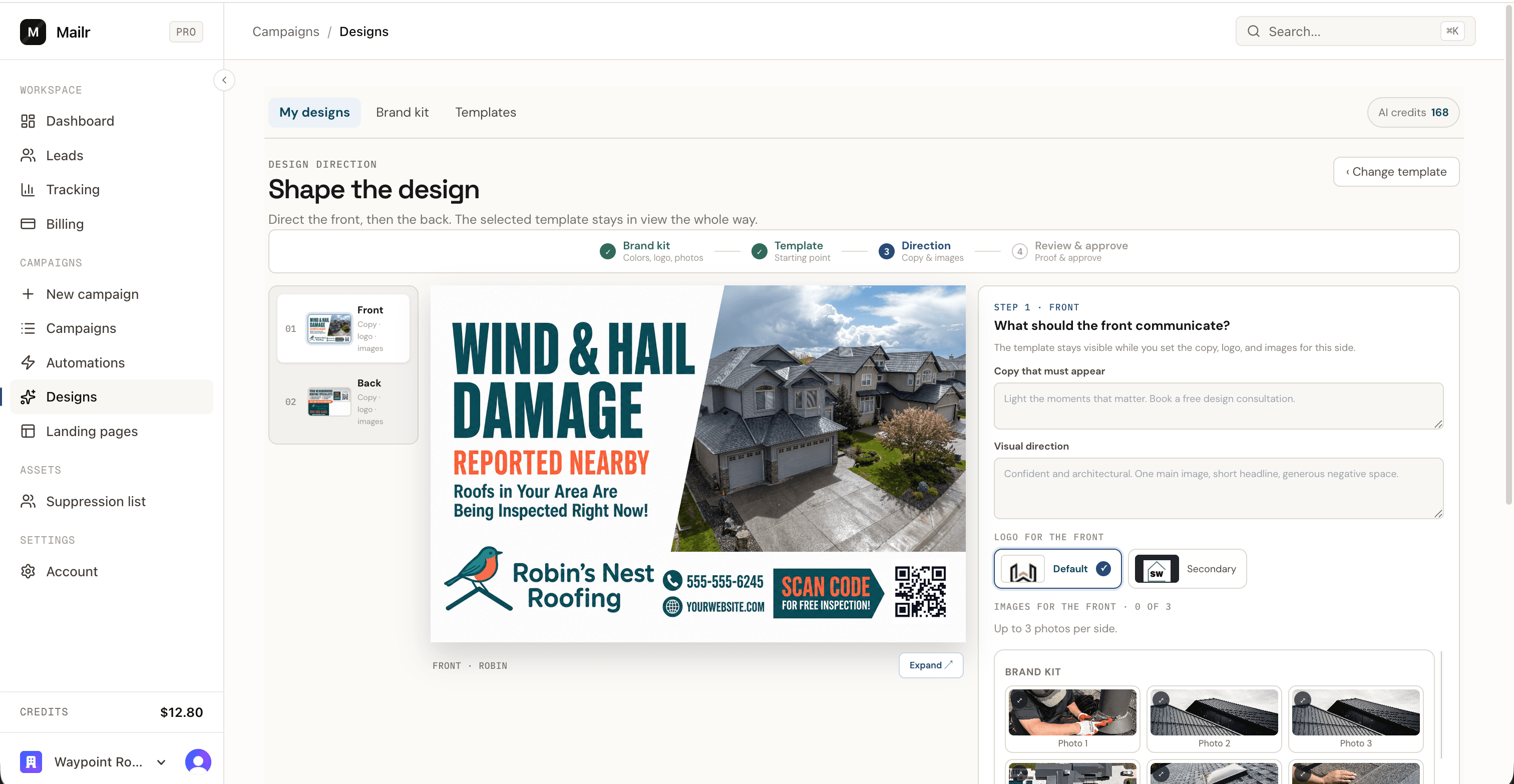 The studio's brand rail: your logo, colors, and photos ready to drop onto the card