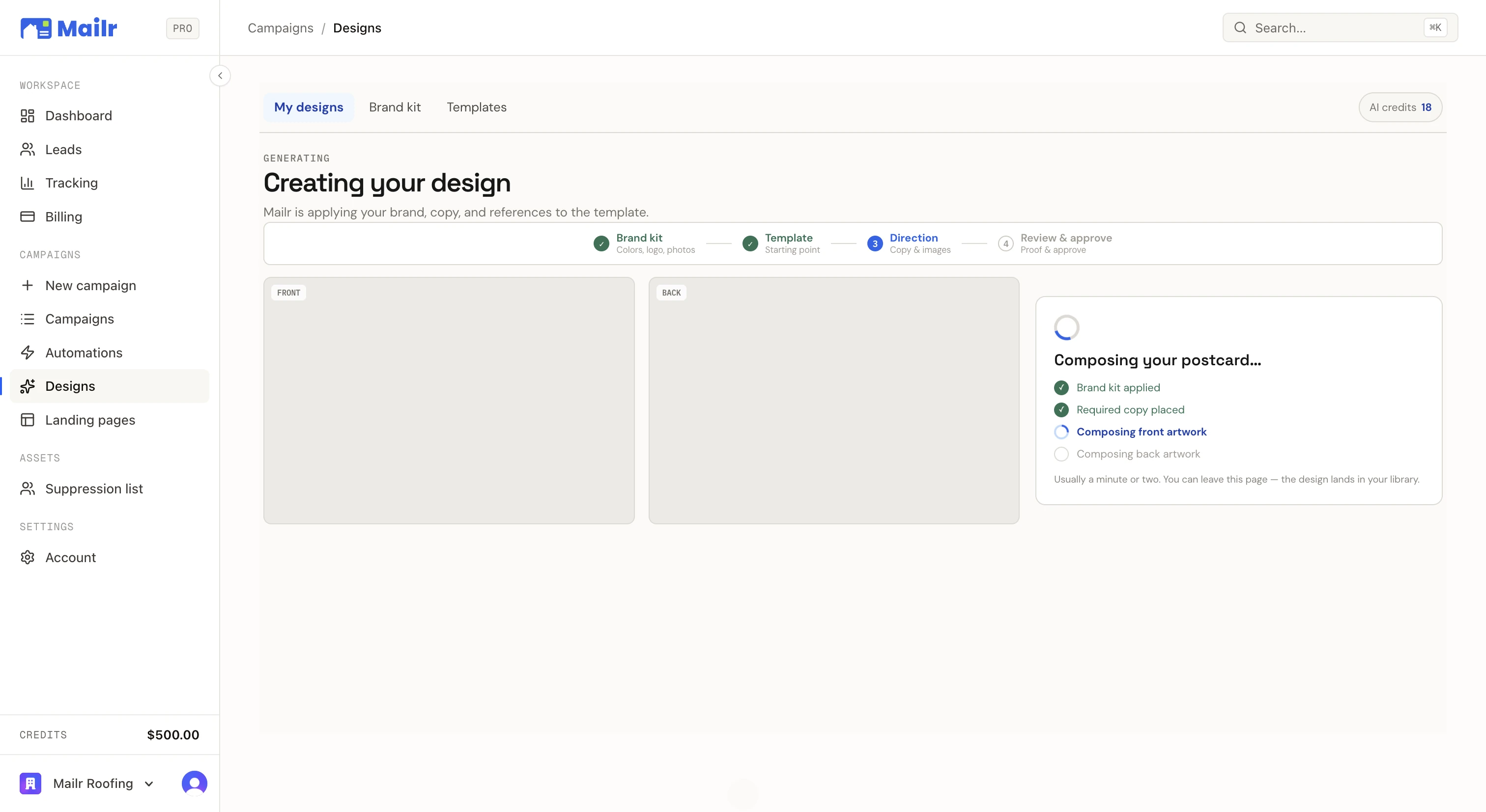 The generating screen: brand kit applied, required copy placed, front artwork composing