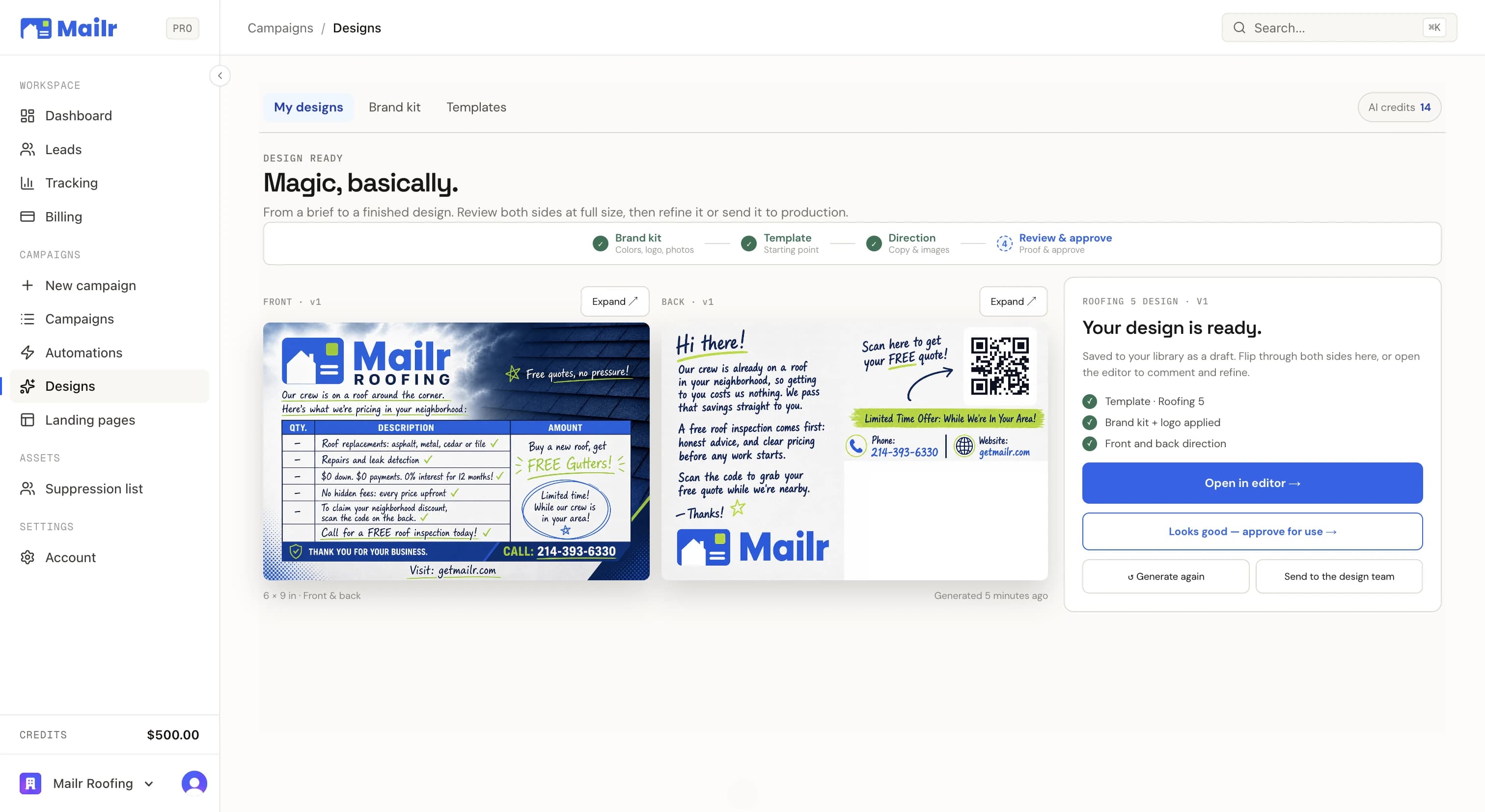 The review screen: the finished front and back of a roofing card, ready to approve or refine