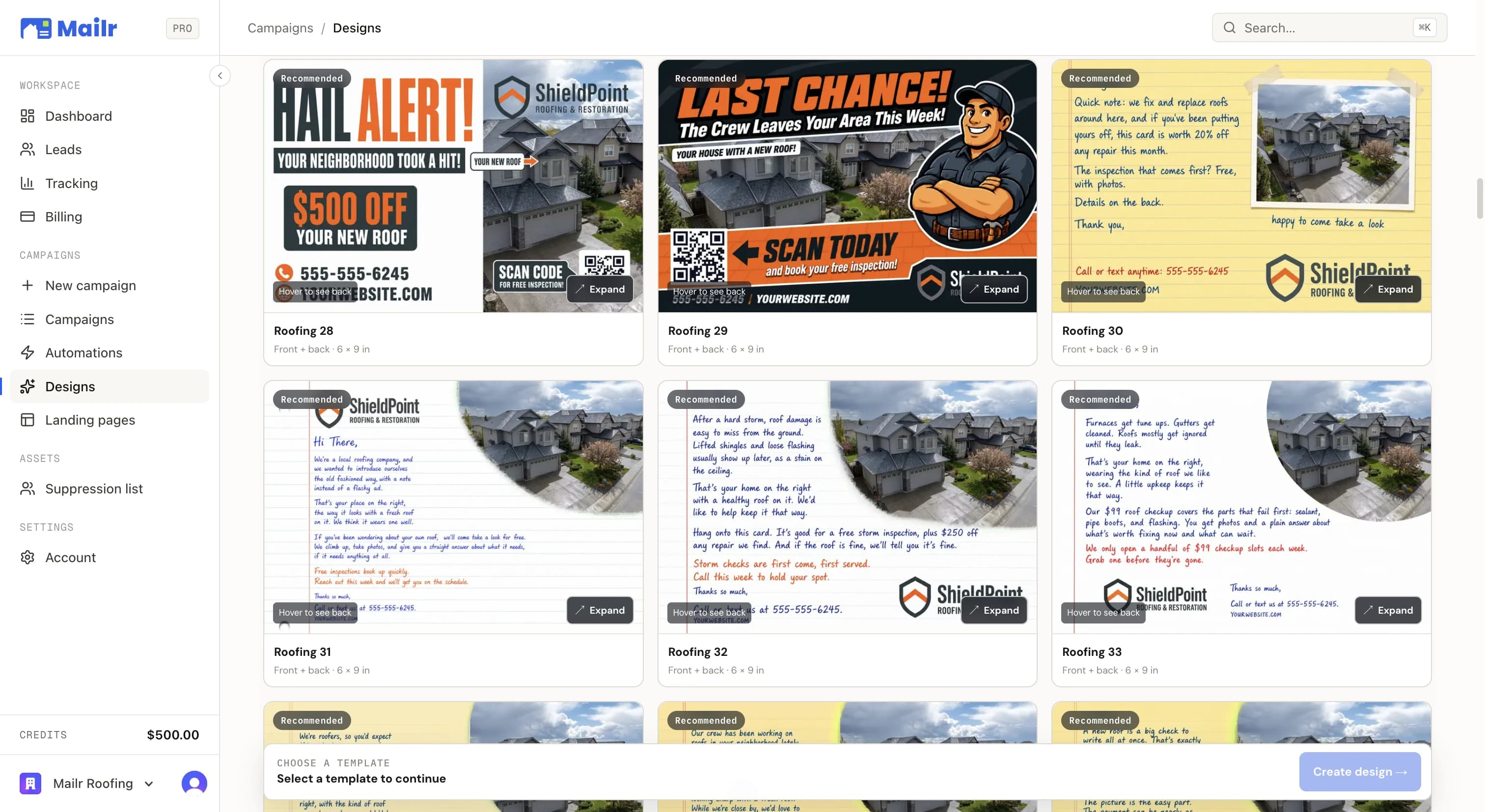 The template gallery inside Mailr: rows of ready roofing fronts and backs — hail alerts, offer-led designs, and handwritten notes — each front + back at 6 by 9 inches