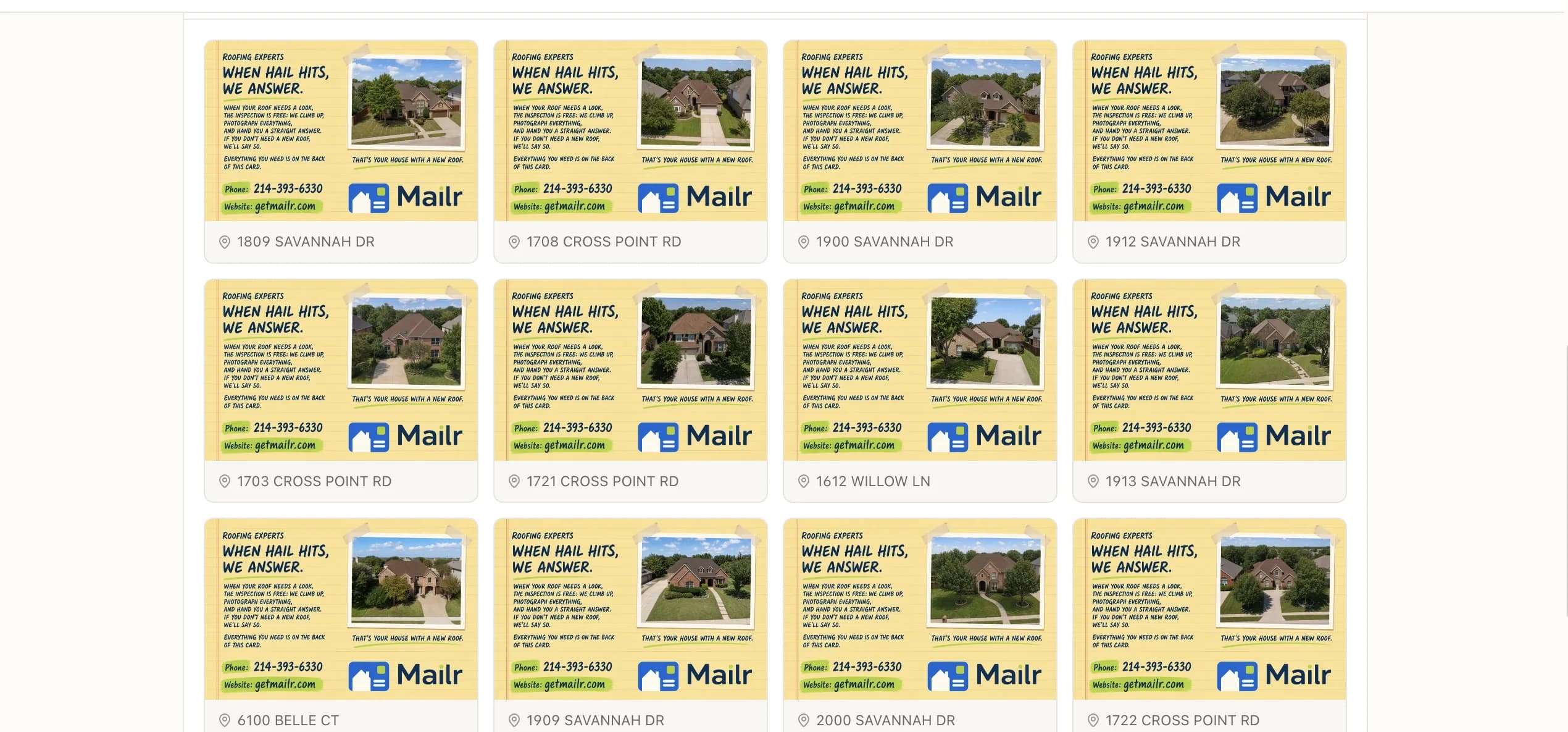 A campaign's postcards laid out in a grid — every card shows a different recipient's own home and street address