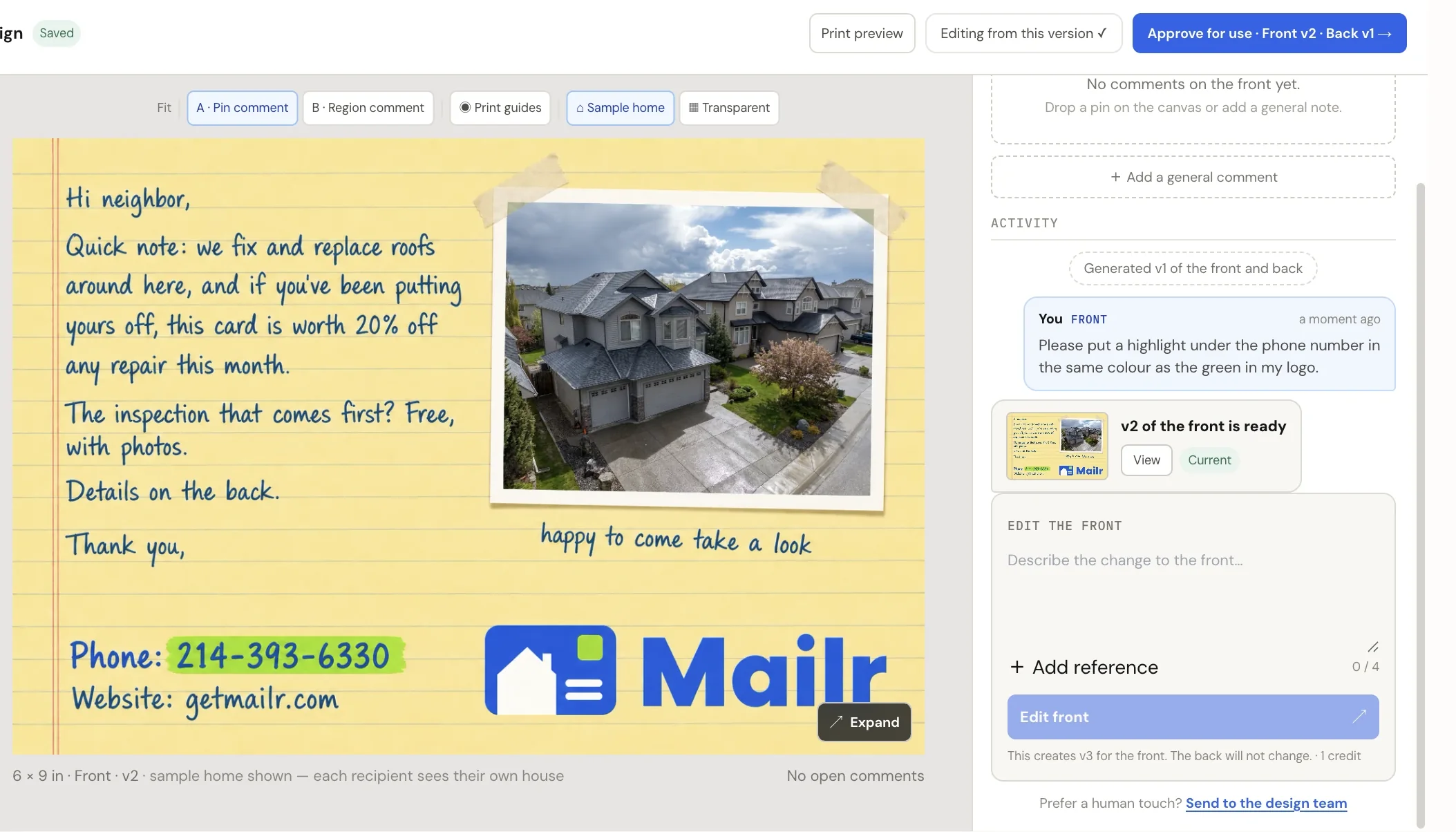 The design editor mid-edit: a handwritten-style roofing card on the canvas beside the chat panel where an edit is described and applied