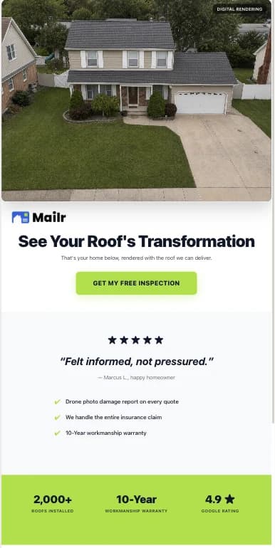 A campaign landing page: the recipient's own home rendered with a new roof above a See Your Roof's Transformation headline and a Get My Free Inspection button