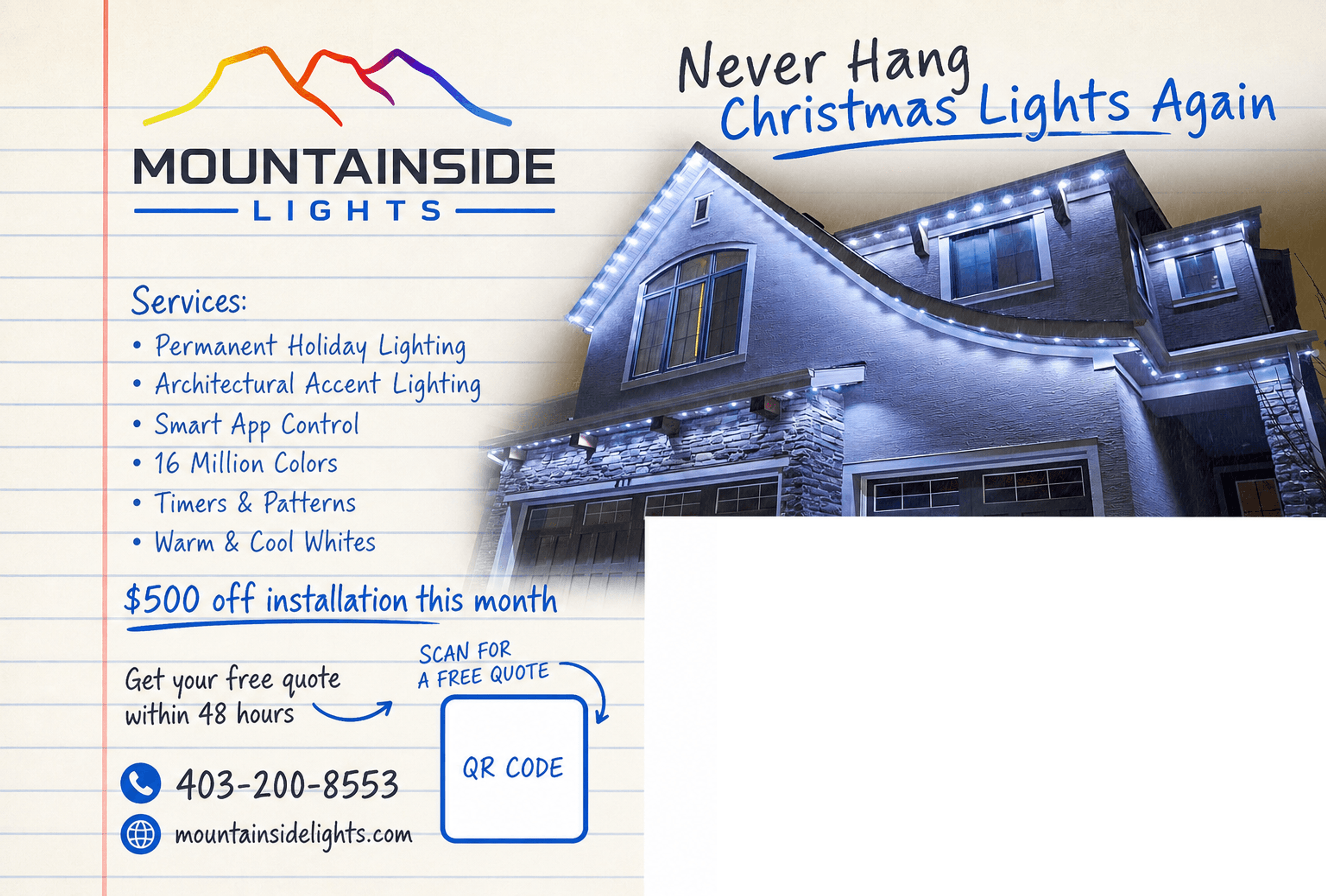 A classic permanent-lighting postcard with QR code and offer