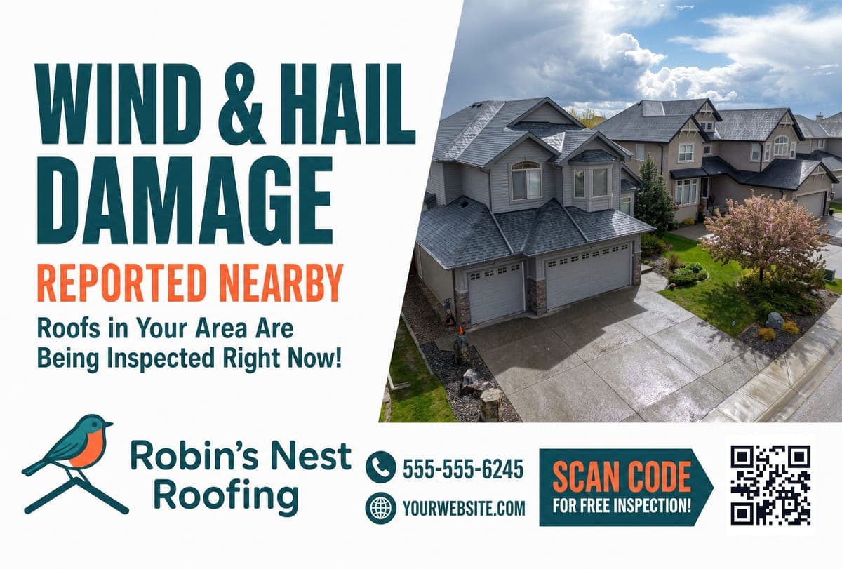 Postcard front: WIND & HAIL DAMAGE REPORTED NEARBY beside an aerial view of the recipient's home, with a phone number and a scan code for a free inspection
