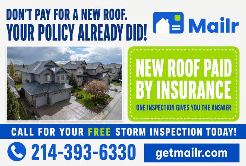 Postcard front: DON'T PAY FOR A NEW ROOF, YOUR POLICY ALREADY DID, with a new-roof-paid-by-insurance coupon