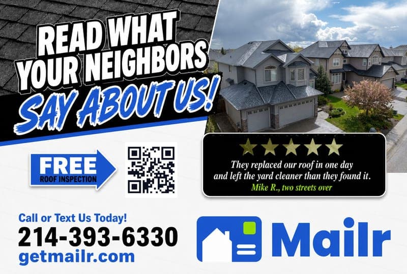 Postcard front: READ WHAT YOUR NEIGHBORS SAY ABOUT US over an aerial home shot, with a five-star review and a free-inspection call to action