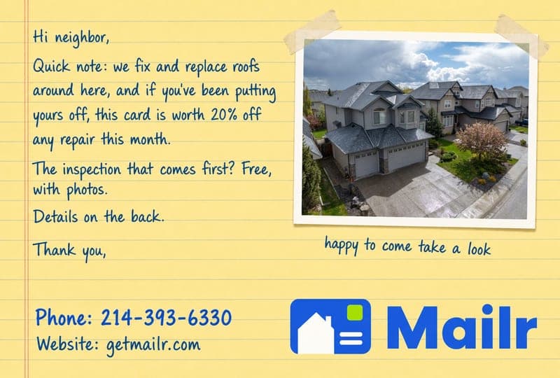Postcard front styled as a handwritten note to a neighbor about a 20%-off roof repair, beside a taped photo of the home