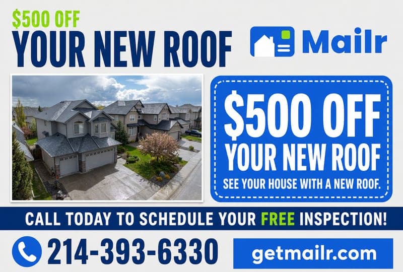 Postcard front: a bold $500 OFF YOUR NEW ROOF coupon beside an aerial home shot and a free-inspection call to action