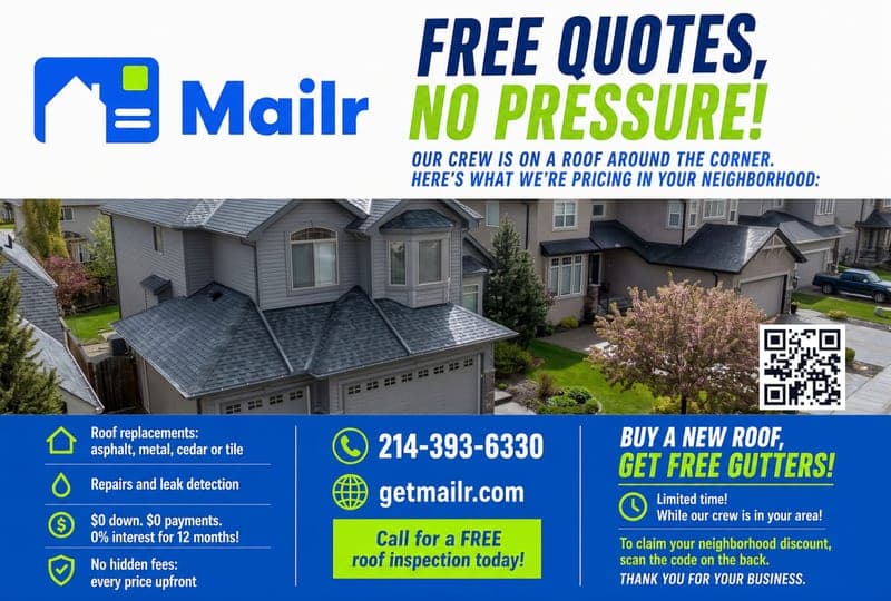 Postcard front: FREE QUOTES, NO PRESSURE with a full roofing services list, financing terms, and a scan code