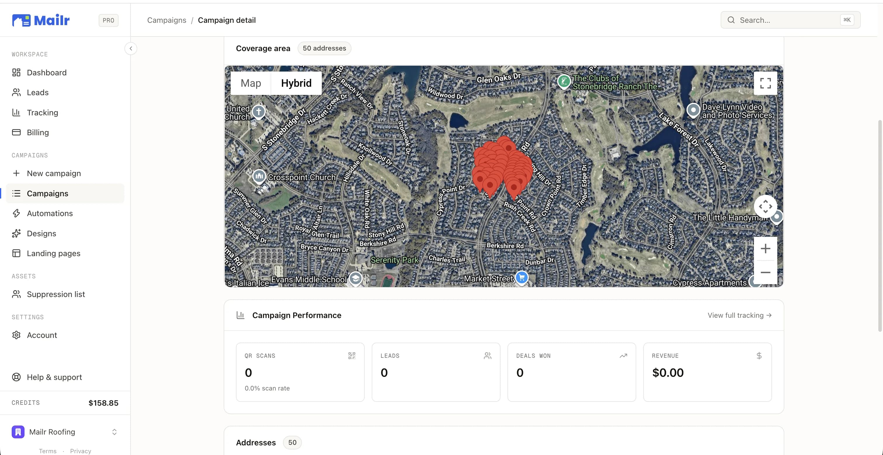 Campaign detail: recipients, cost, and every targeted home pinned on the map