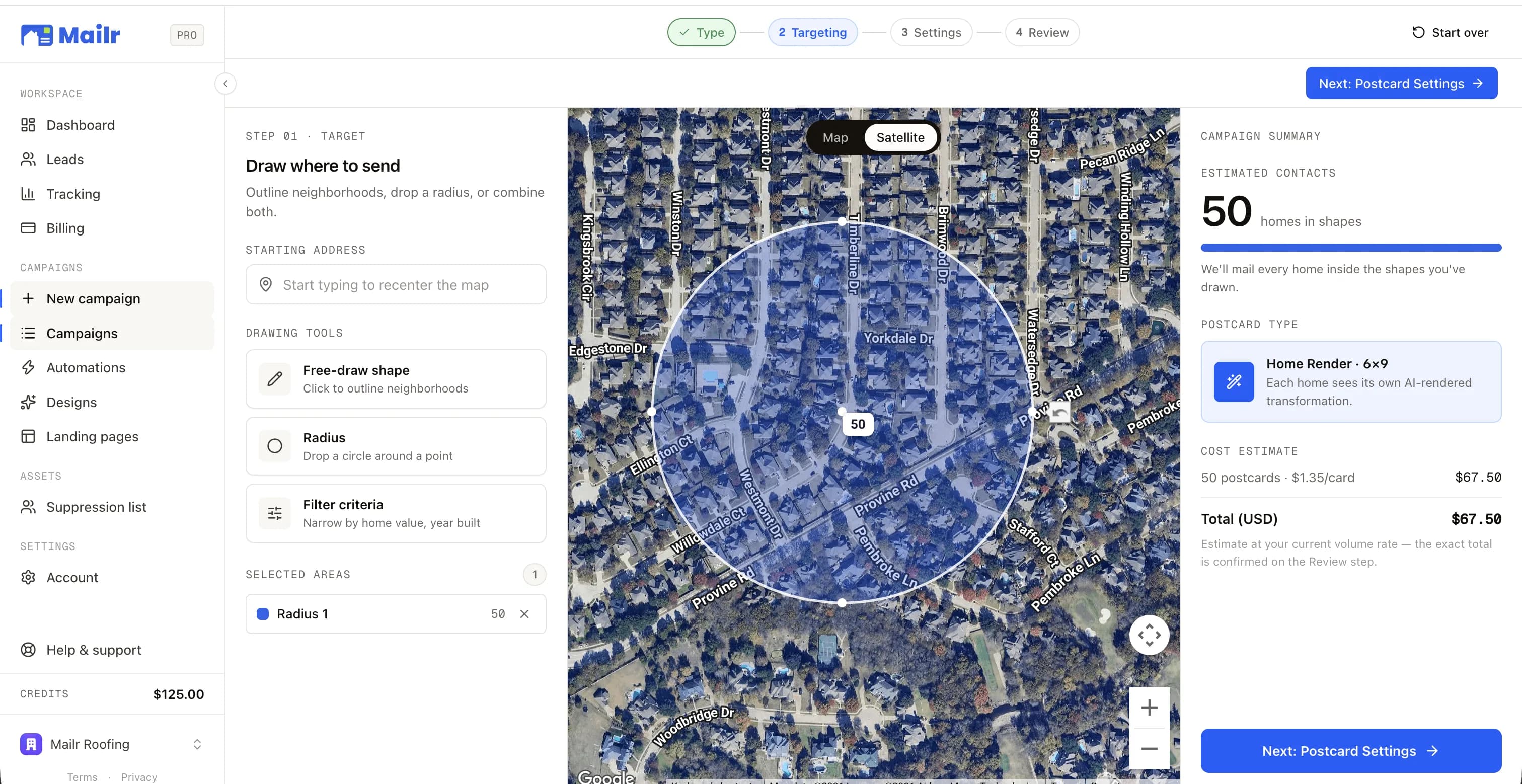 Campaign targeting: a radius drawn around the job site on a satellite map