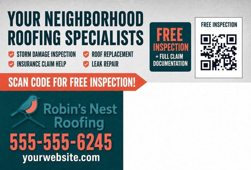 Postcard front: YOUR NEIGHBORHOOD ROOFING SPECIALISTS with a storm-damage, roof-replacement, and leak-repair list, a free-inspection callout, and a scan code