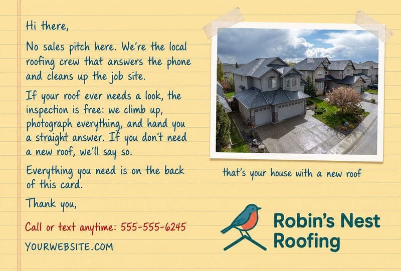 Postcard front styled as a handwritten note from a local roofing crew, beside a taped photo of the recipient's own home