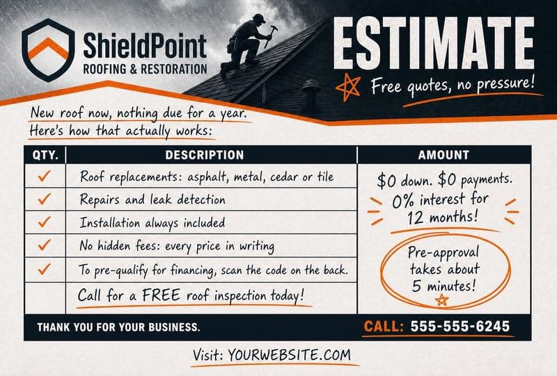 Postcard front laid out as a line-item roof estimate with a free-quotes, no-pressure banner and a scan-for-financing code
