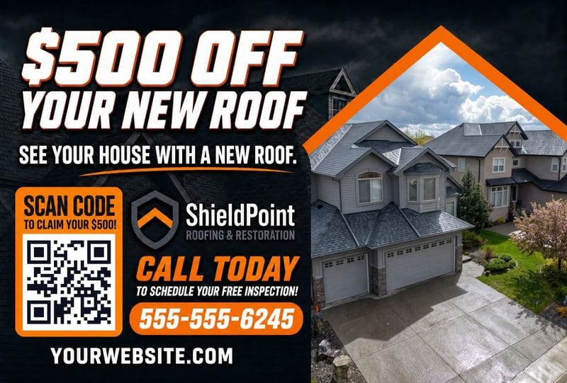Postcard front: a bold $500 OFF YOUR NEW ROOF offer beside an aerial home shot with a new roof, a scan code, and a call-today banner