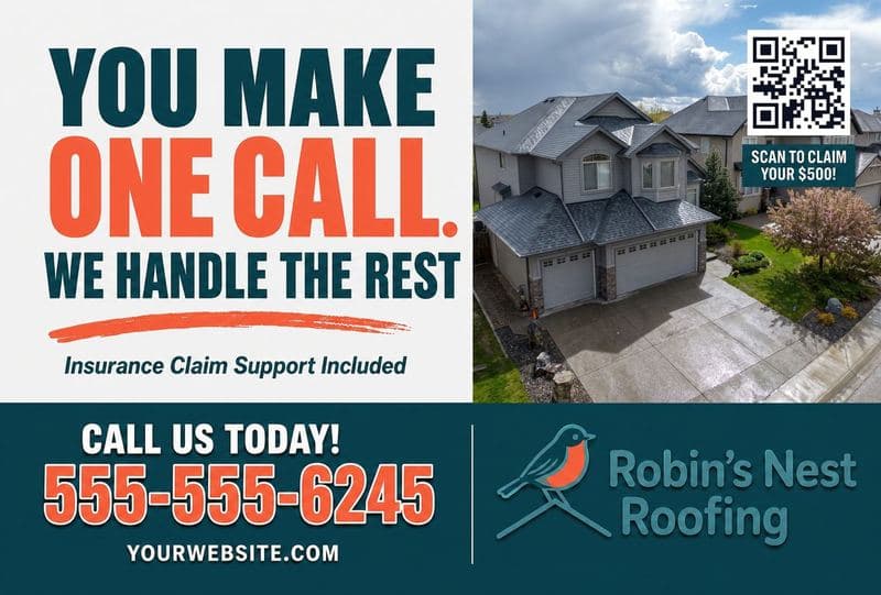 Postcard front: YOU MAKE ONE CALL, WE HANDLE THE REST, with insurance claim support, an aerial home shot, and a scan-to-claim code