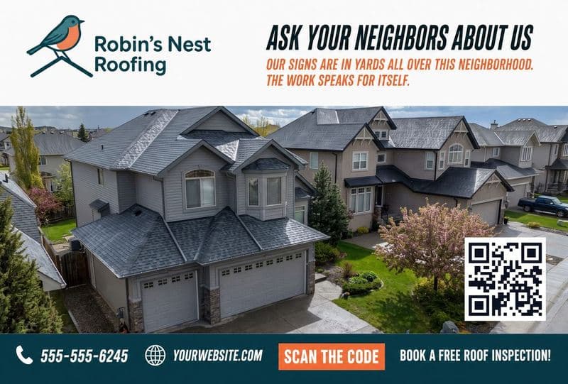 Postcard front: ASK YOUR NEIGHBORS ABOUT US over an aerial home shot, pointing to the company's yard signs nearby, with a scan code