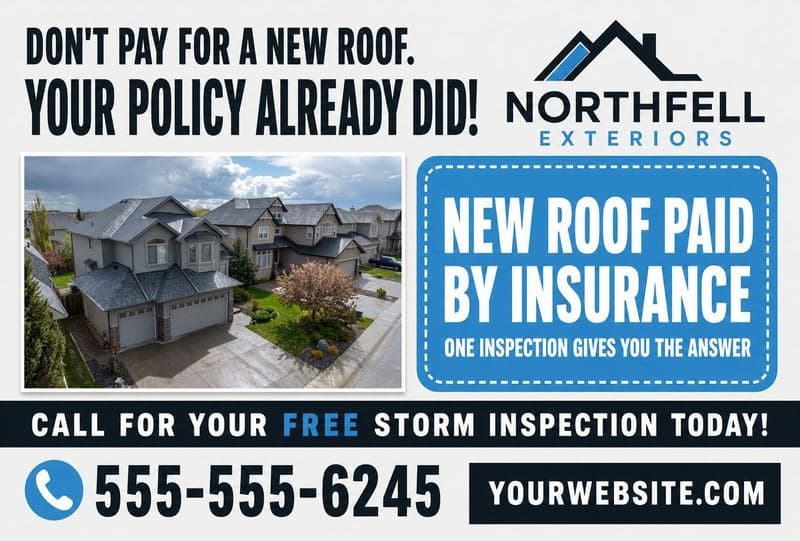 Postcard front: DON'T PAY FOR A NEW ROOF, YOUR POLICY ALREADY DID, with a new-roof-paid-by-insurance highlight and a phone number