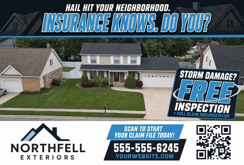 Postcard front: HAIL HIT YOUR NEIGHBORHOOD — INSURANCE KNOWS, DO YOU? with a storm-damage free-inspection call to action and a scan code